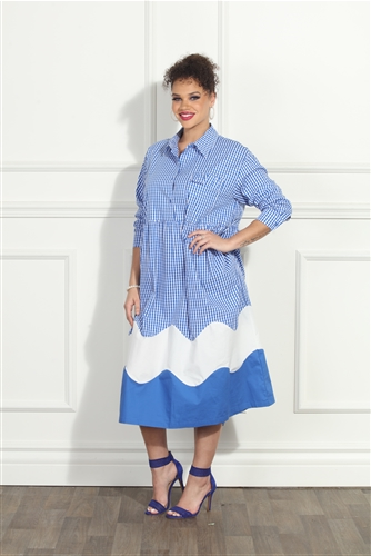 Blue and White Gingham Print Dress